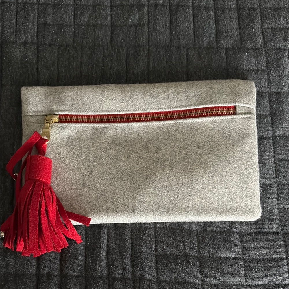 NWT Gray and Red Clutch with Tassel and Zipper